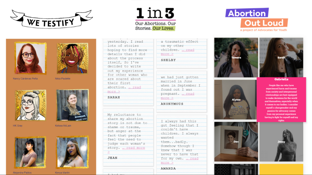 Screenshots from abortion storytelling websites, including We Testify, 1 in 3, and Abortion Out Loud.