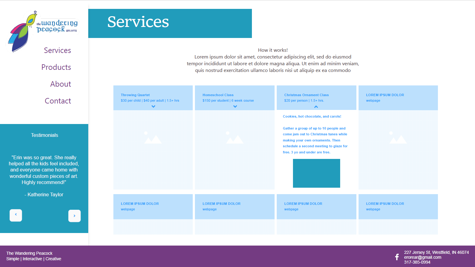 High fidelity prototype for The Wandering Peacock services page